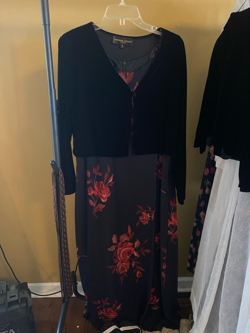 Donna Ricco Black Maxi Dress with Red Floral Print and Black Bolero Jacket